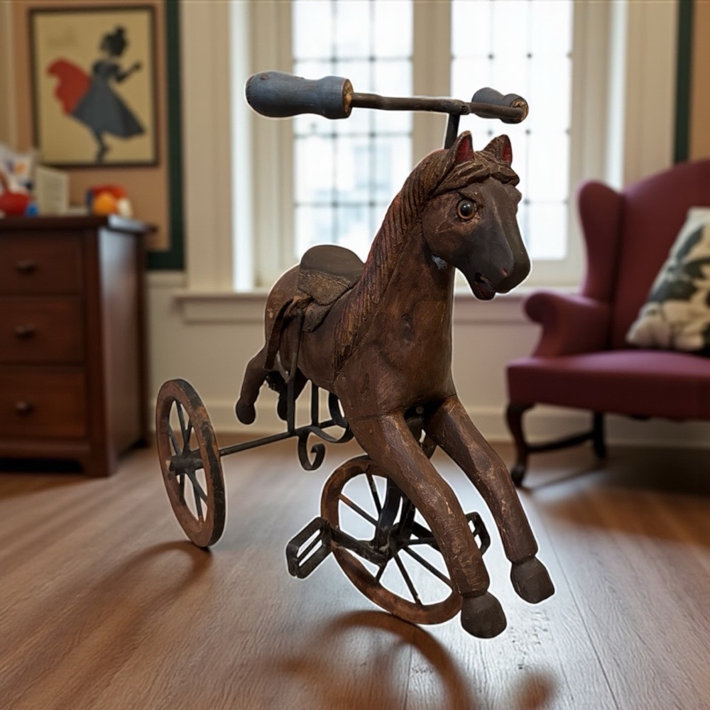 Vintage Brown Horse Tricycle Home Accent - Picture 1 of 10